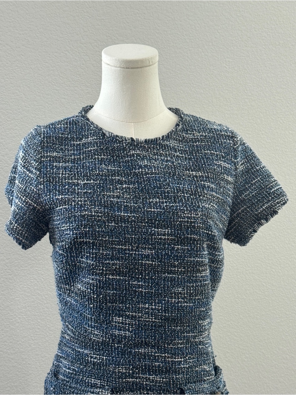 LOFT Blue-White Tweed Short-Sleeve Sheath Dress - Picture 3 of 6